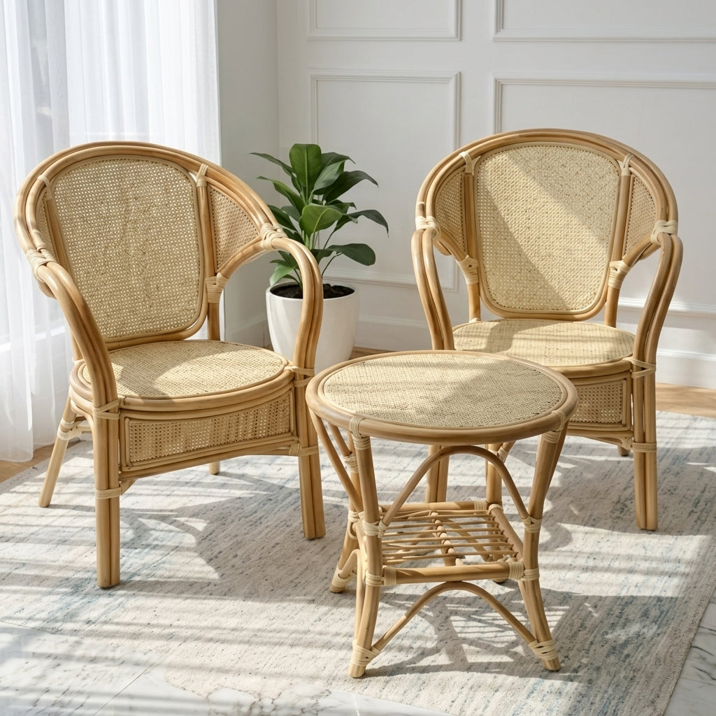 Two rattan chairs with coffee table