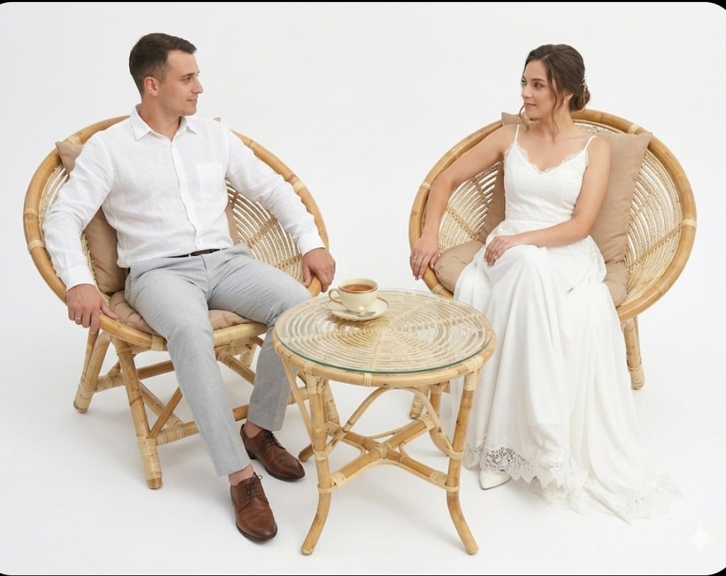 Two rattan chairs including tea table