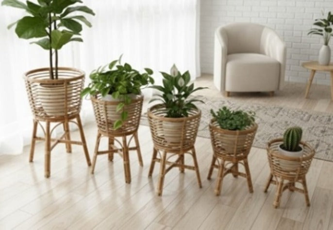 Elegant handmade woven rattan flowerpot stand set of five