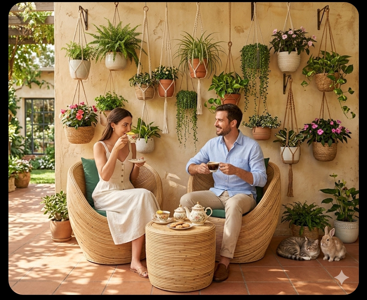 Sandra style two rattan chairs with tea table