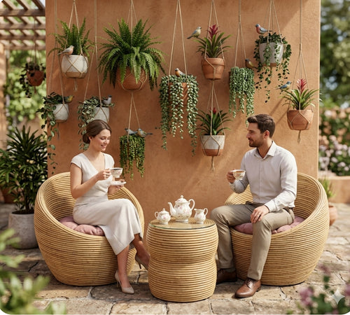 Bobo style two rattan chairs with tea table