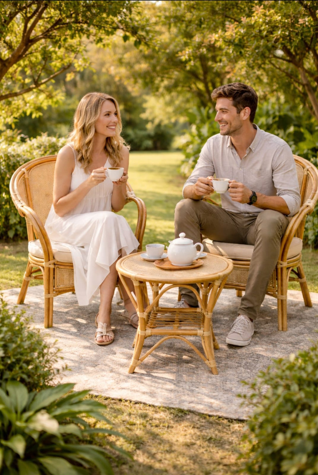 Two rattan chairs with coffee table