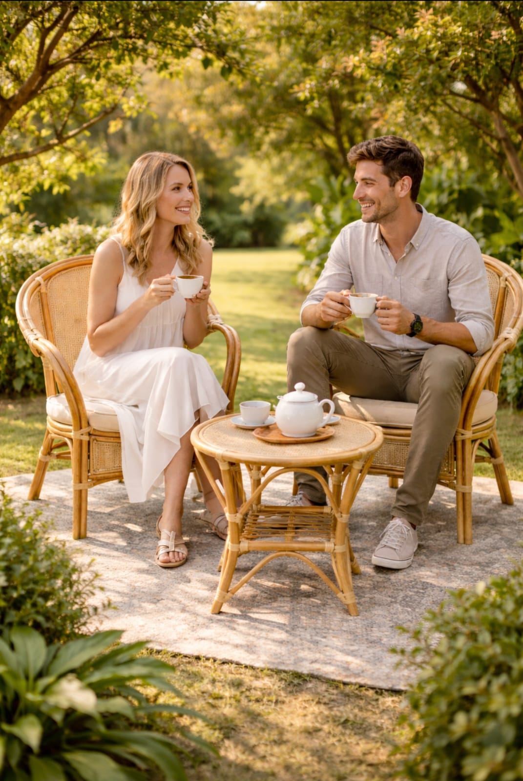 Two rattan chairs with coffee table