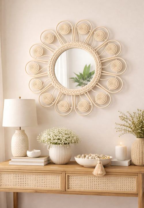Flower type rattan mirror